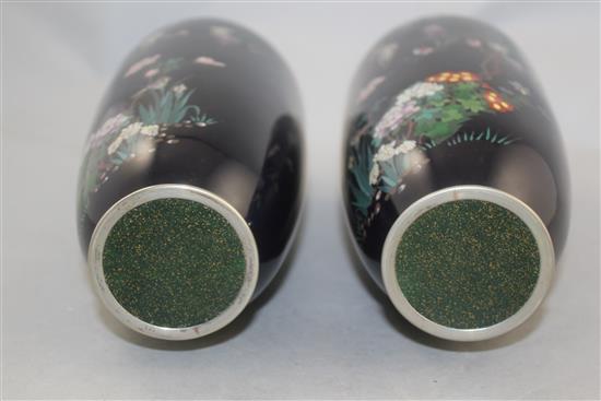 A pair of Japanese silver wire cloisonne enamel vases, Meiji period, 24.5cm, slight damage to enamel